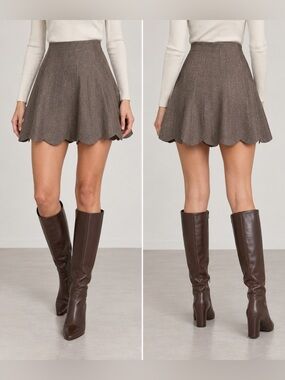 Miracle Brown Scalloped Hem Skater Skirt